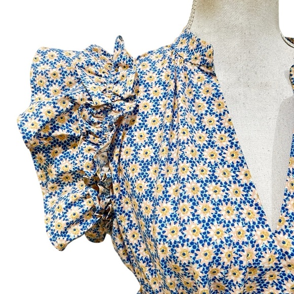 By Anthropologie v neck White, yellow & Blue flutter sleeve Tie Front dress MP - Picture 6 of 11